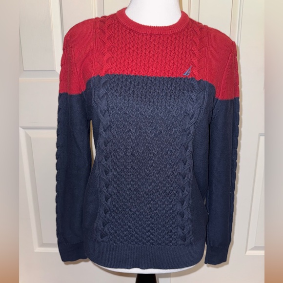 Nautica Colorblock Cable Knit Sweater Red Navy Blue Cotton Medium M - Picture 1 of 7